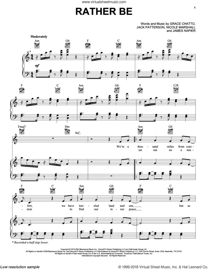 Rather Be sheet music for voice, piano or guitar by Clean Bandit feat. Jess Glynne, Clean Bandit, Grace Chatto, Jack Patterson, James Napier and Nicole Marshall, intermediate skill level