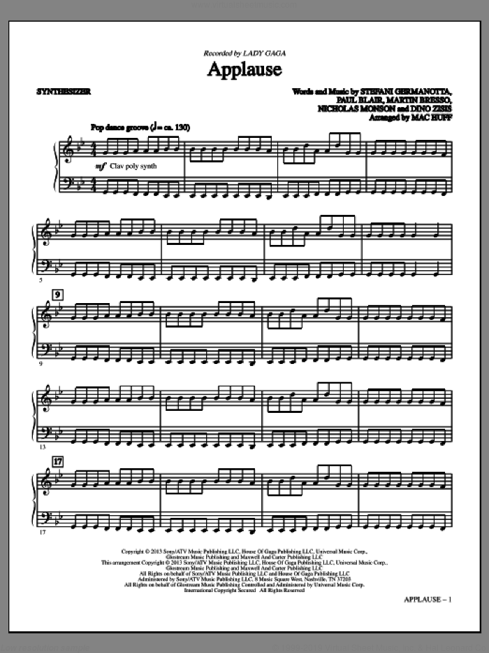 Applause (complete set of parts) sheet music for orchestra/band by Mac Huff, Dino Zisis, Julien Arias, Lady Gaga, Martin Bresso, Nicholas Mercier, Nicholas Monson, Paul Blair and William Grigahcine, intermediate skill level
