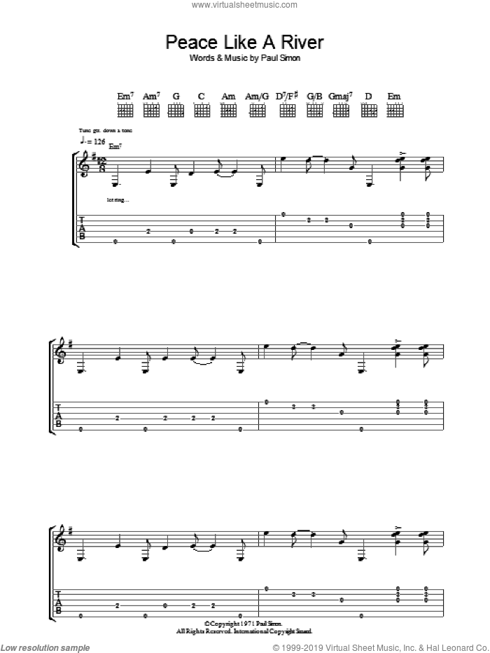 Peace Like A River sheet music for guitar (tablature) by Paul Simon, intermediate skill level