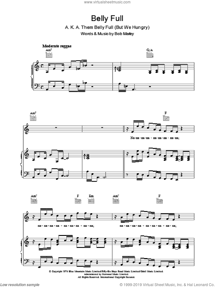 Them Belly Full sheet music for voice, piano or guitar by Bob Marley, intermediate skill level