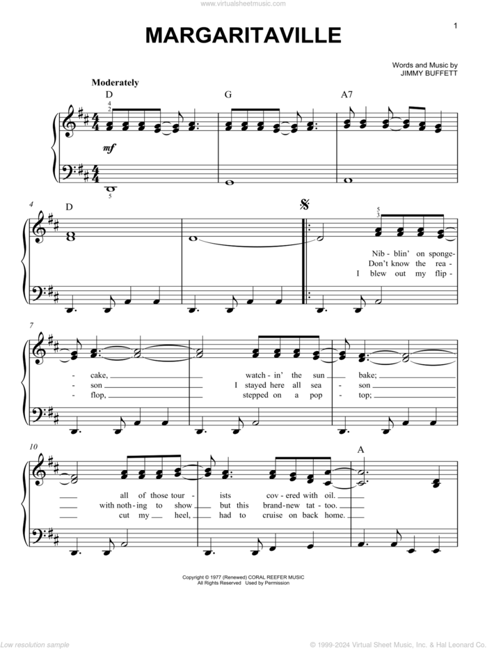 Margaritaville sheet music for piano solo by Jimmy Buffett, easy skill level