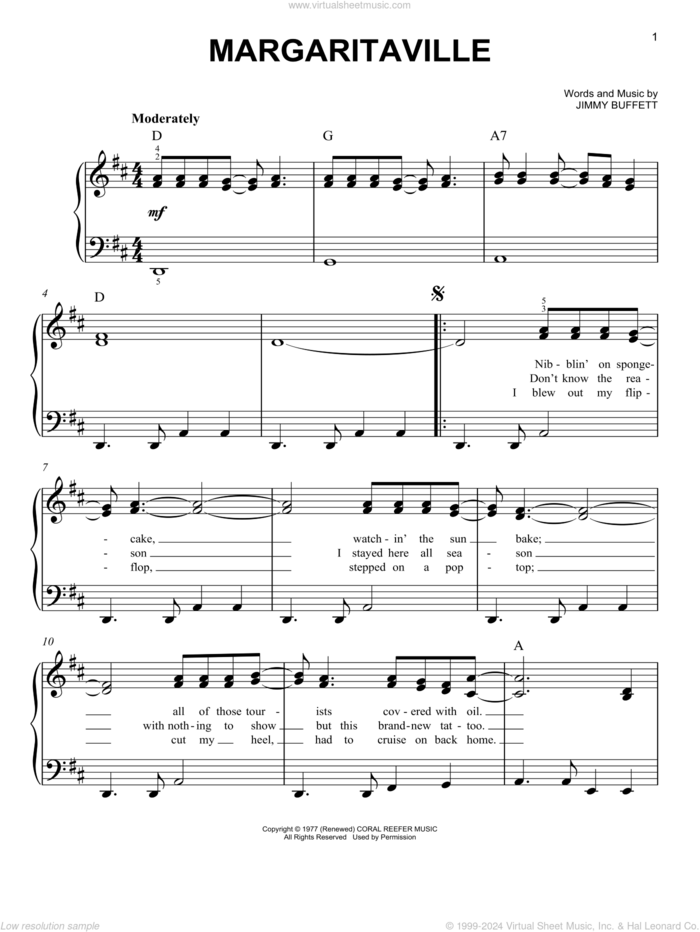 Margaritaville sheet music for piano solo by Jimmy Buffett, easy skill level