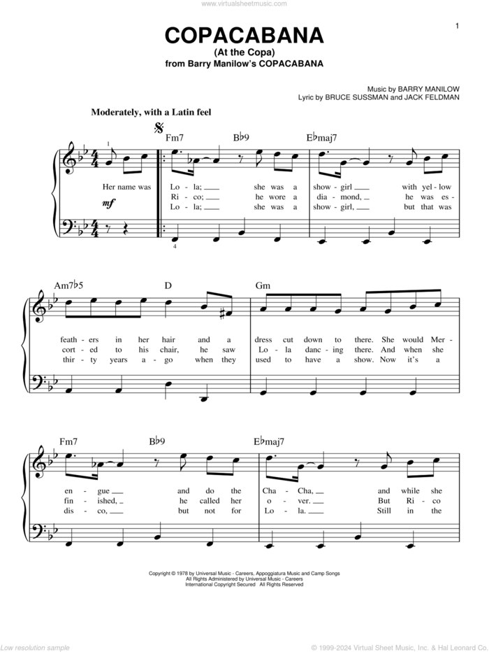 Copacabana (At The Copa), (easy) sheet music for piano solo by Barry Manilow, Bruce Sussman and Jack Feldman, easy skill level