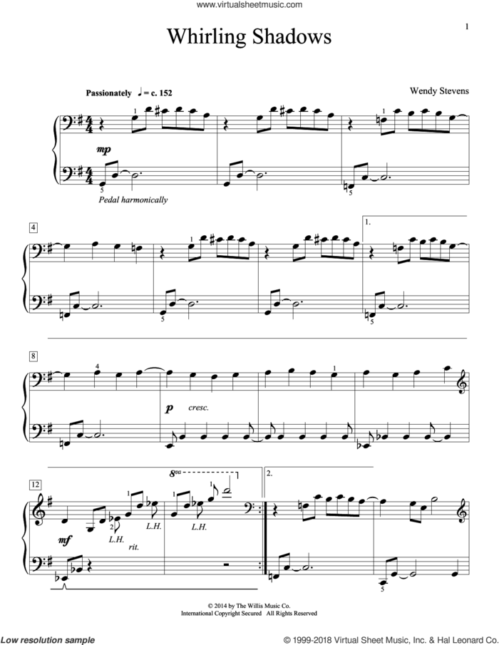 Whirling Shadows sheet music for piano solo (elementary) by Wendy Stevens, beginner piano (elementary)