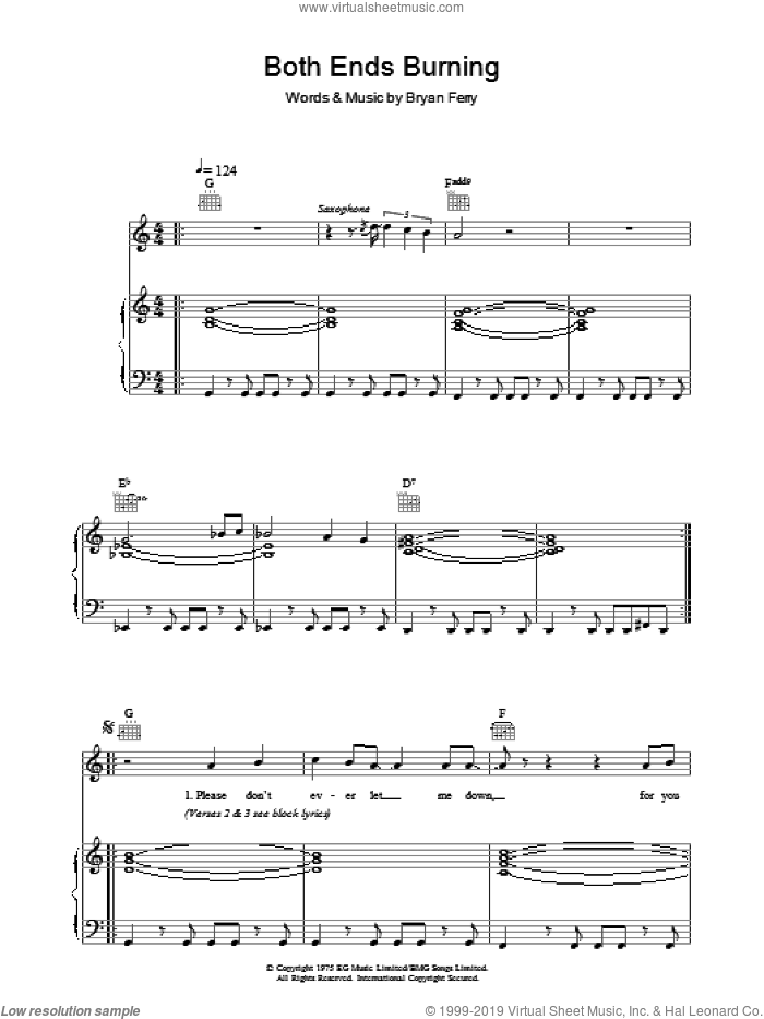 Both Ends Burning sheet music for voice, piano or guitar by Roxy Music and Bryan Ferry, intermediate skill level