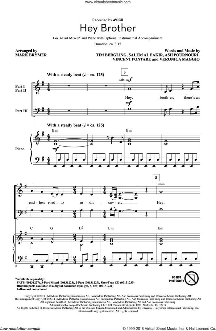 Hey Brother sheet music for choir (3-Part Mixed) by Mark Brymer, Avicii, Ash Pournouri, Salem Al Fakir, Tim Bergling, Veronica Maggio and Vincent Pontare, intermediate skill level