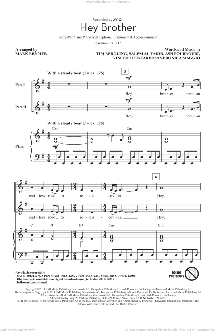 Hey Brother sheet music for choir (2-Part) by Mark Brymer, Avicii, Ash Pournouri, Salem Al Fakir, Tim Bergling, Veronica Maggio and Vincent Pontare, intermediate duet
