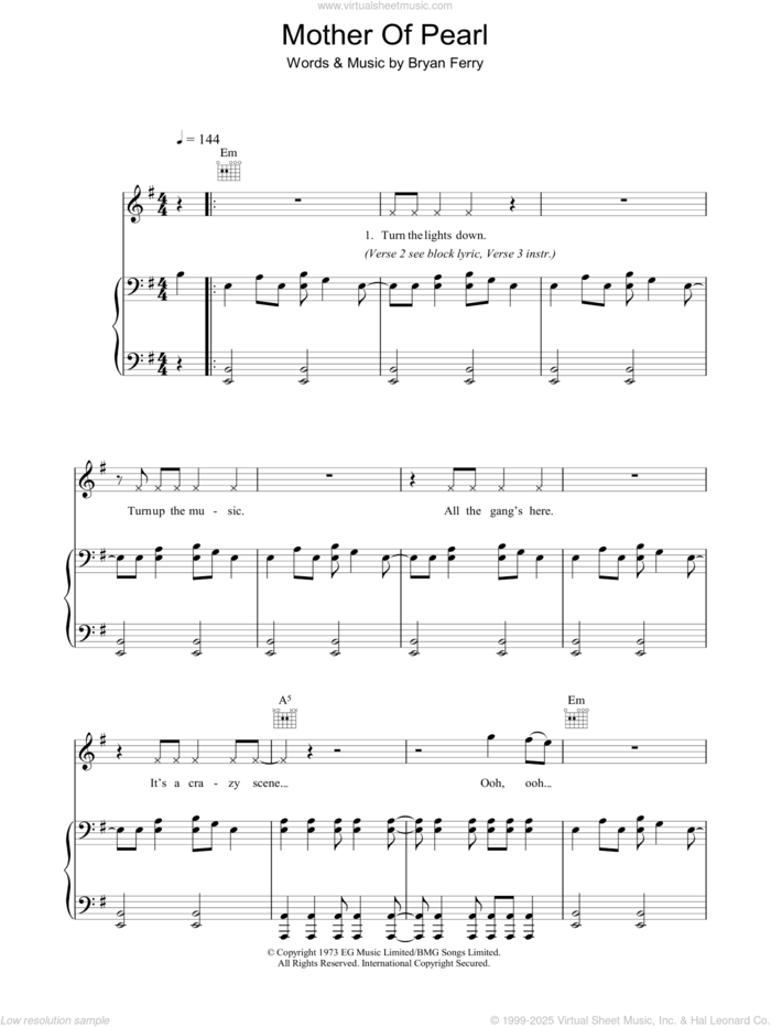 Mother Of Pearl sheet music for voice, piano or guitar by Roxy Music and Bryan Ferry, intermediate skill level