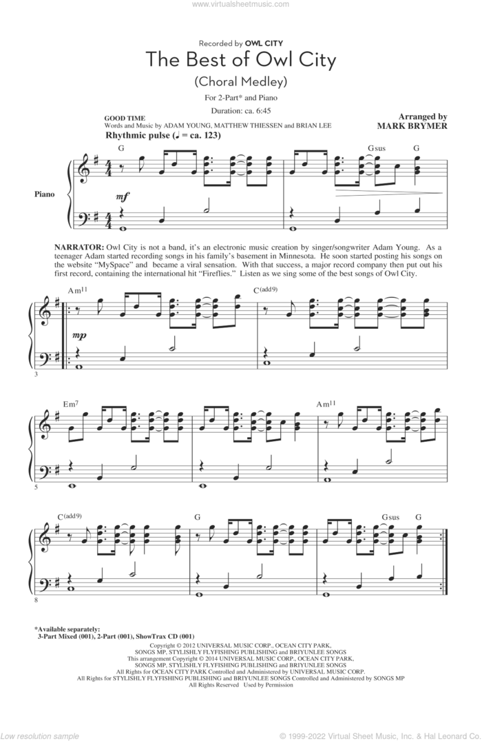 The Best of Owl City (Choral Medley) (arr. Mark Brymer) sheet music for choir (2-Part) by Mark Brymer, Owl City, Adam Young, Brian Lee and Matthew Thiessen, intermediate duet
