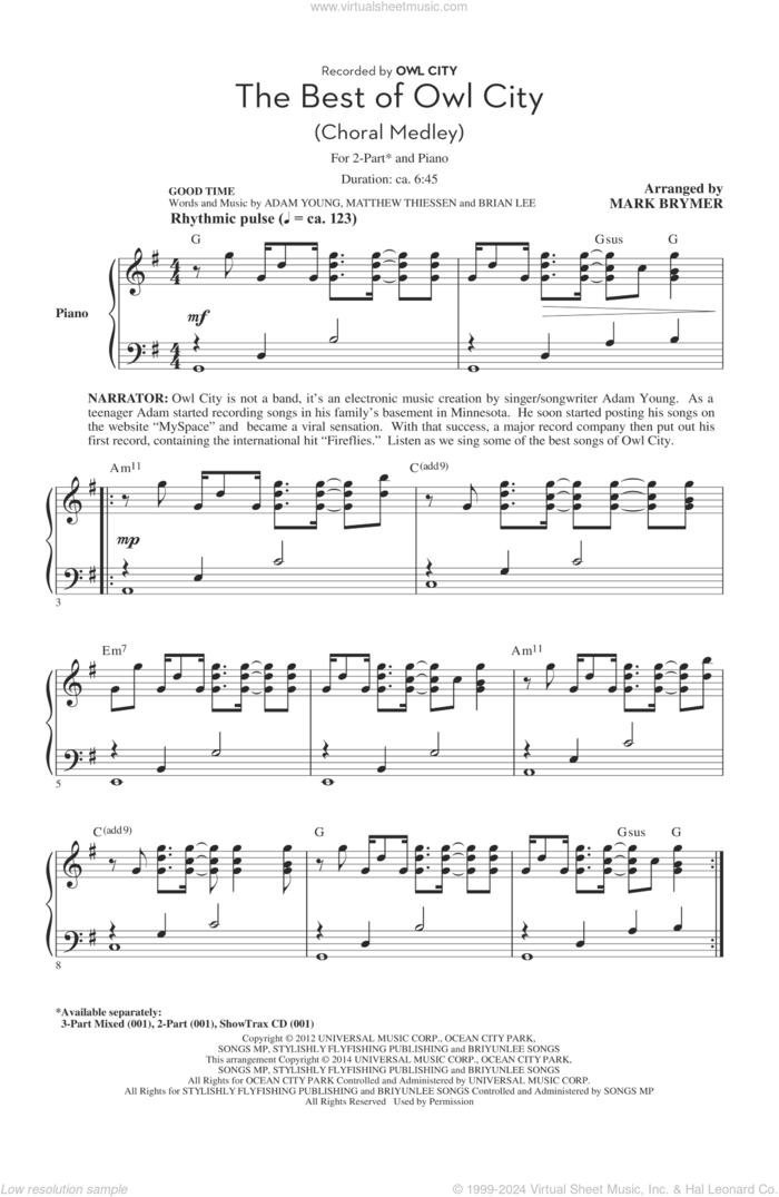 The Best of Owl City (Choral Medley) (arr. Mark Brymer) sheet music for choir (2-Part) by Mark Brymer, Owl City, Adam Young, Brian Lee and Matthew Thiessen, intermediate duet