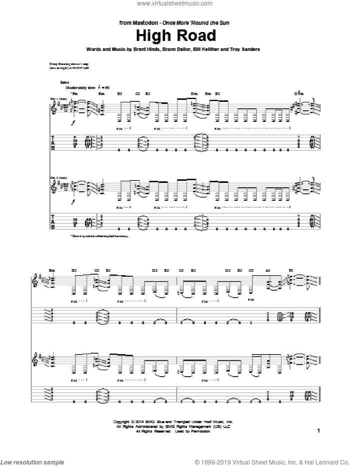 High Road sheet music for guitar (tablature) by Mastodon, Bill Kelliher, Brann Dailor, Brent Hinds and Troy Sanders, intermediate skill level