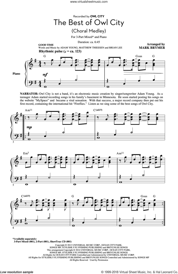 The Best of Owl City (Choral Medley) (arr. Mark Brymer) sheet music for choir (3-Part Mixed) by Brian Lee, Mark Brymer, Owl City, Adam Young and Matthew Thiessen, intermediate skill level