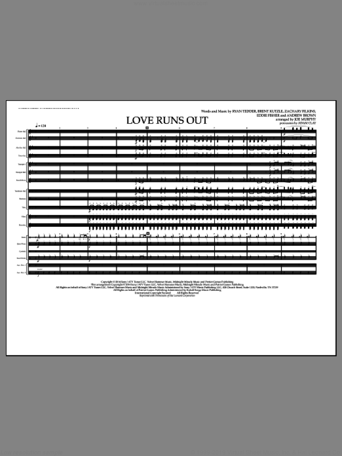 Love Runs Out (COMPLETE) sheet music for marching band by OneRepublic, Andrew Brown, Brent Kutzle, Eddie Fisher, Jay Dawson, Ryan Tedder and Zack Filkins, intermediate skill level
