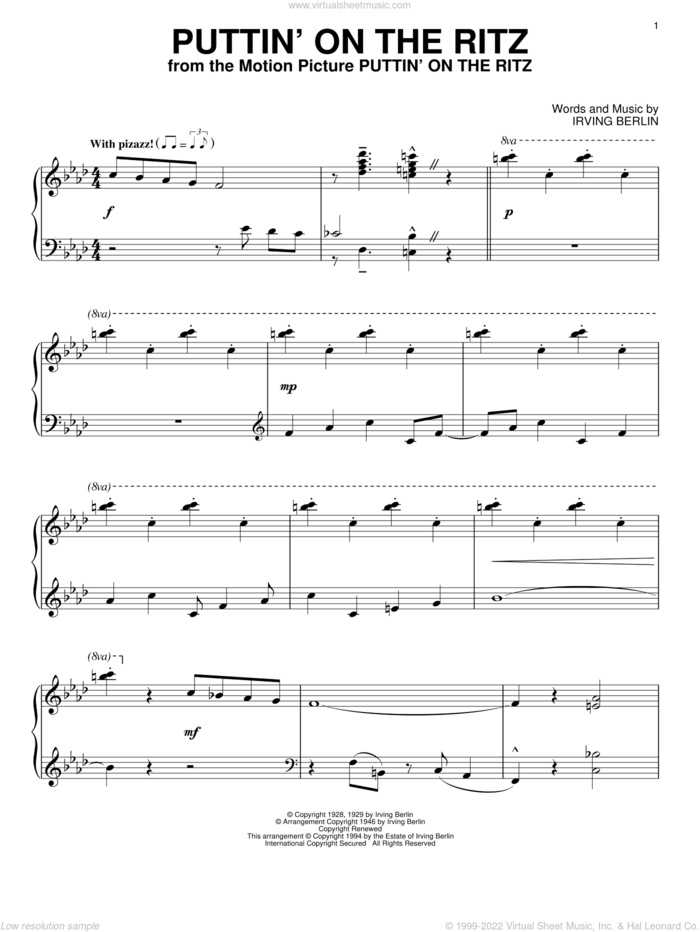 Puttin' On The Ritz sheet music for piano solo by Irving Berlin and Taco, intermediate skill level