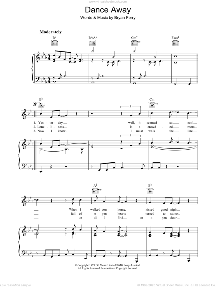 Dance Away sheet music for voice, piano or guitar by Roxy Music and Bryan Ferry, intermediate skill level