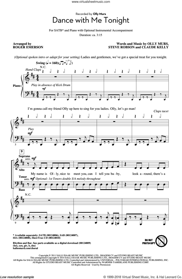 Dance With Me Tonight sheet music for choir (SATB: soprano, alto, tenor, bass) by Claude Kelly, Roger Emerson, Olly Murs and Steve Robson, intermediate skill level