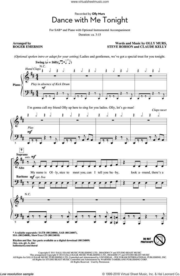 Dance With Me Tonight sheet music for choir (SAB: soprano, alto, bass) by Claude Kelly, Roger Emerson, Olly Murs and Steve Robson, intermediate skill level