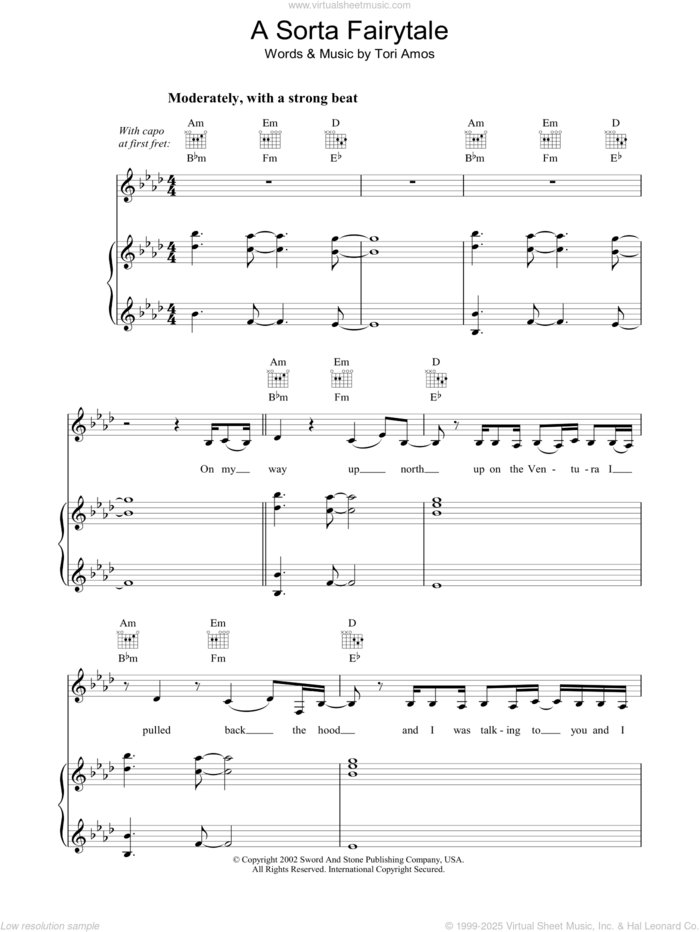 A Sorta Fairytale sheet music for voice, piano or guitar by Tori Amos, intermediate skill level