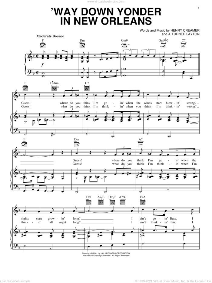'Way Down Yonder In New Orleans sheet music for voice, piano or guitar by Blossom Seely, Freddy Cannon, Henry Creamer and Turner Layton, intermediate skill level