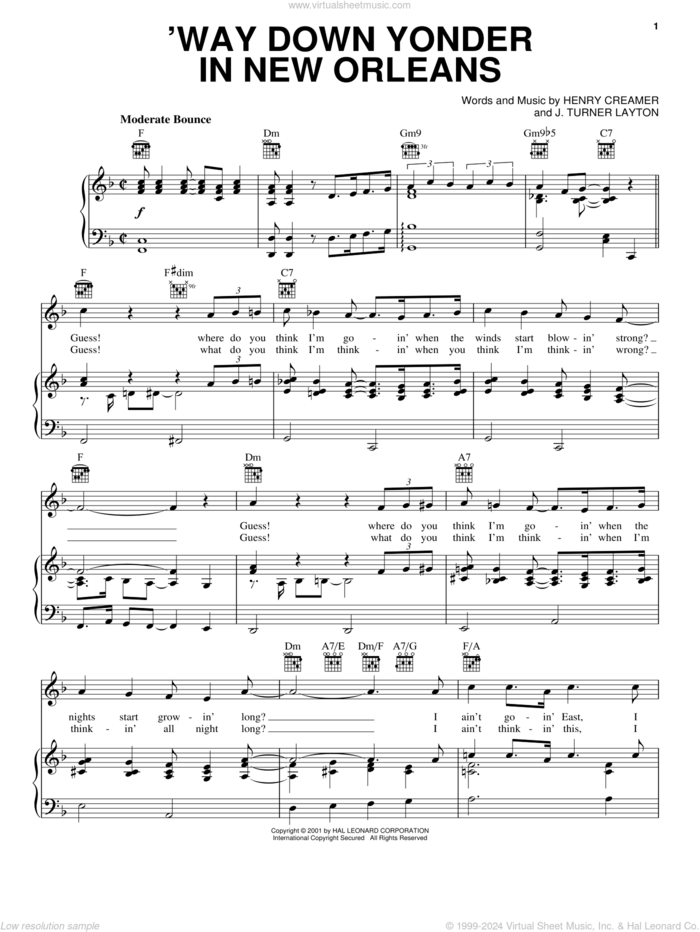 'Way Down Yonder In New Orleans sheet music for voice, piano or guitar by Blossom Seely, Freddy Cannon, Henry Creamer and Turner Layton, intermediate skill level