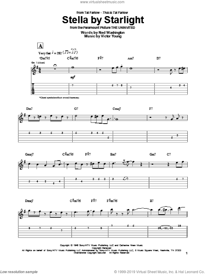 Stella By Starlight sheet music for guitar (tablature) by Tal Farlow, Ray Charles, Ned Washington and Victor Young, intermediate skill level