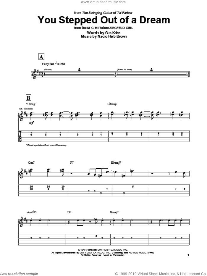 You Stepped Out Of A Dream sheet music for guitar (tablature) by Tal Farlow, Gus Kahn and Nacio Herb Brown, intermediate skill level
