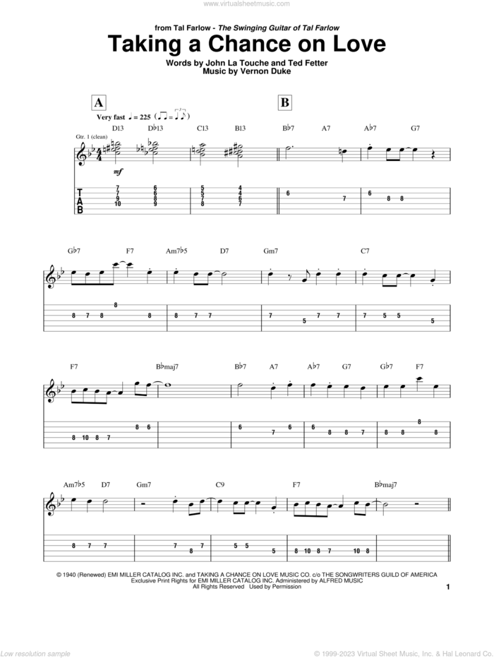 Taking A Chance On Love sheet music for guitar (tablature) by Tal Farlow, John Latouche, Ted Fetter and Vernon Duke, intermediate skill level
