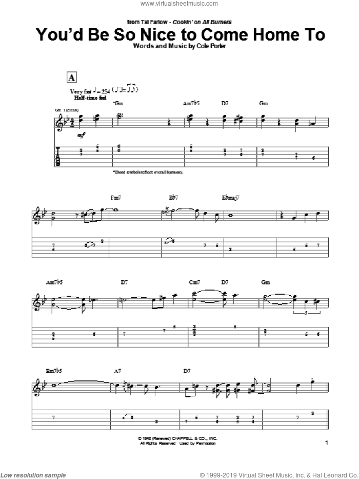 You'd Be So Nice To Come Home To sheet music for guitar (tablature) by Tal Farlow and Cole Porter, intermediate skill level