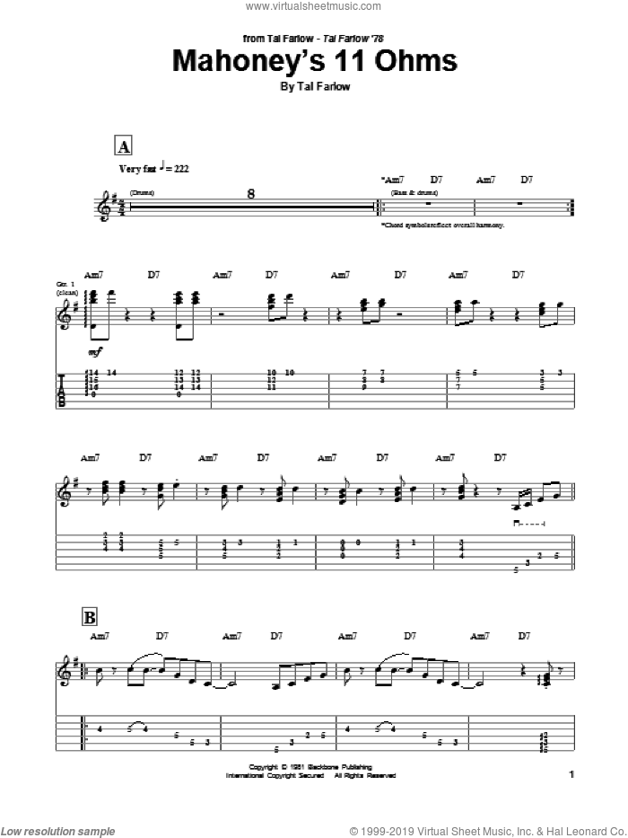 Mahoney's 11 Ohms sheet music for guitar (tablature) by Tal Farlow, intermediate skill level