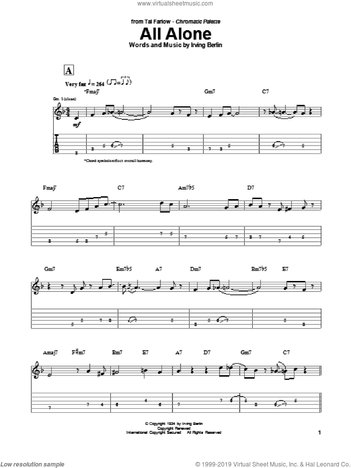 All Alone sheet music for guitar (tablature) by Tal Farlow, Al Jolson, Alice Faye, Grace Moore and Oscar Shaw and Irving Berlin, intermediate skill level