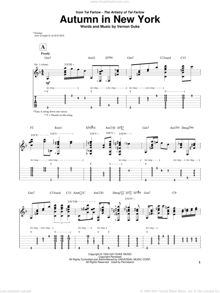 Autumn In New York sheet music for guitar (tablature) by Tal Farlow, Bud Powell, Jo Stafford and Vernon Duke, intermediate skill level