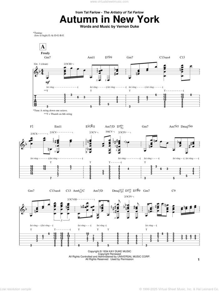 Autumn In New York sheet music for guitar (tablature) by Tal Farlow, Bud Powell, Jo Stafford and Vernon Duke, intermediate skill level