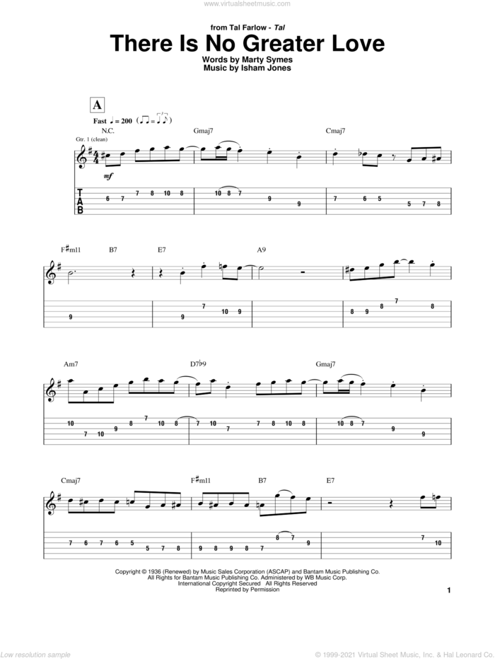 There Is No Greater Love sheet music for guitar (tablature) by Tal Farlow, Isham Jones and Marty Symes, intermediate skill level