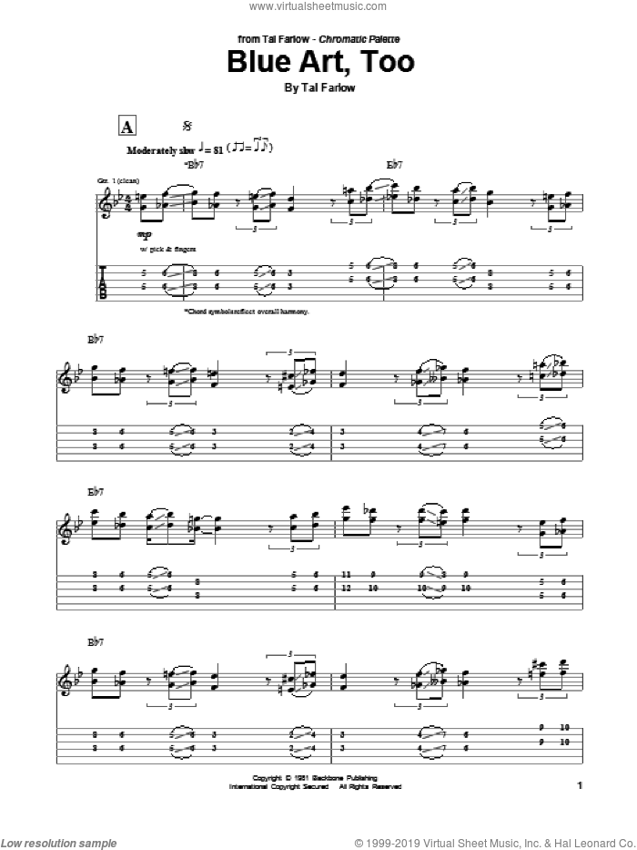 Blue Art, Too sheet music for guitar (tablature) by Tal Farlow, intermediate skill level
