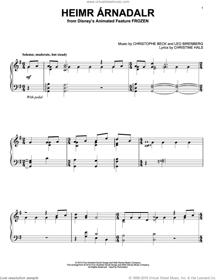 Heimr Arnadalr (from Disney's Frozen) sheet music for piano solo by Robert Lopez, Kristen Anderson-Lopez, Christophe Beck, Christine Hals and Leo Birenberg, intermediate skill level