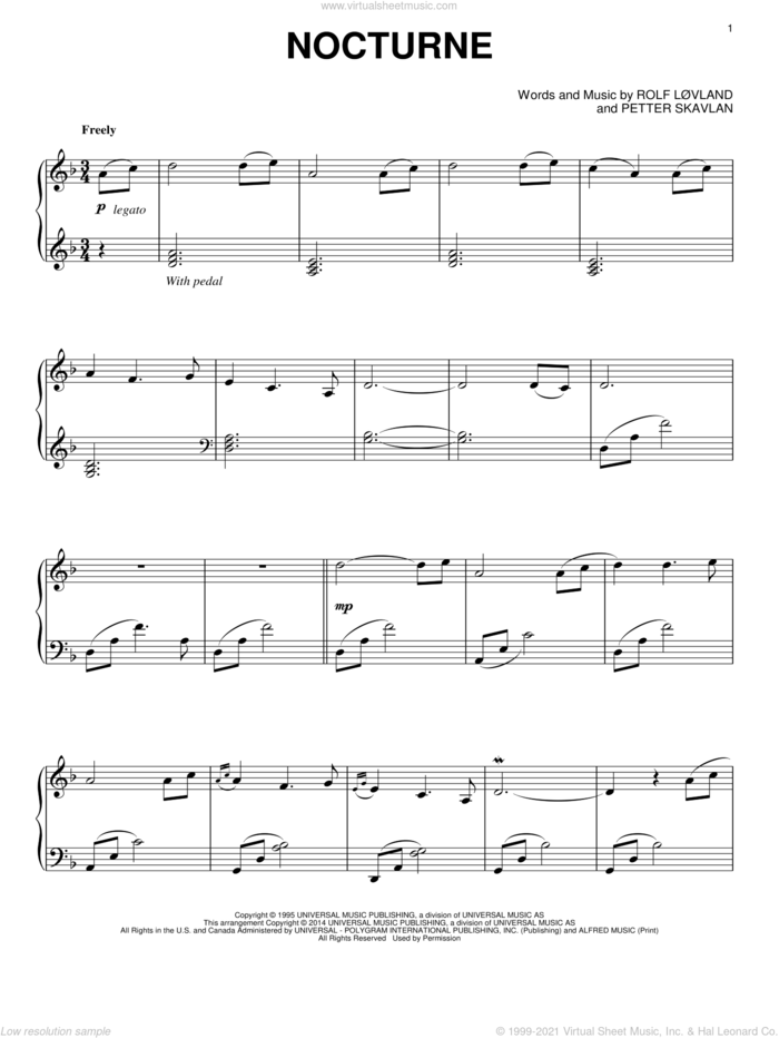 Nocturne sheet music for piano solo by Secret Garden, Petter Skavlan and Rolf Lovland, intermediate skill level
