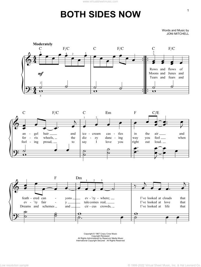 Both Sides Now, (easy) sheet music for piano solo by Joni Mitchell, Dion and Judy Collins, easy skill level
