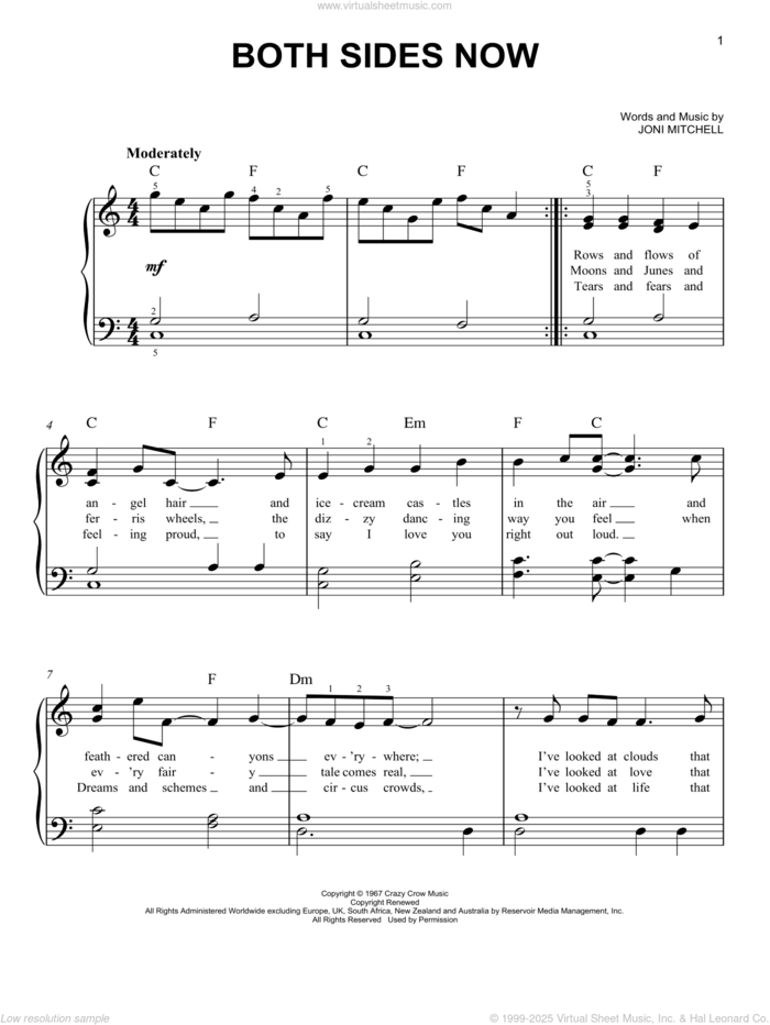 Both Sides Now, (easy) sheet music for piano solo by Joni Mitchell, Dion and Judy Collins, easy skill level