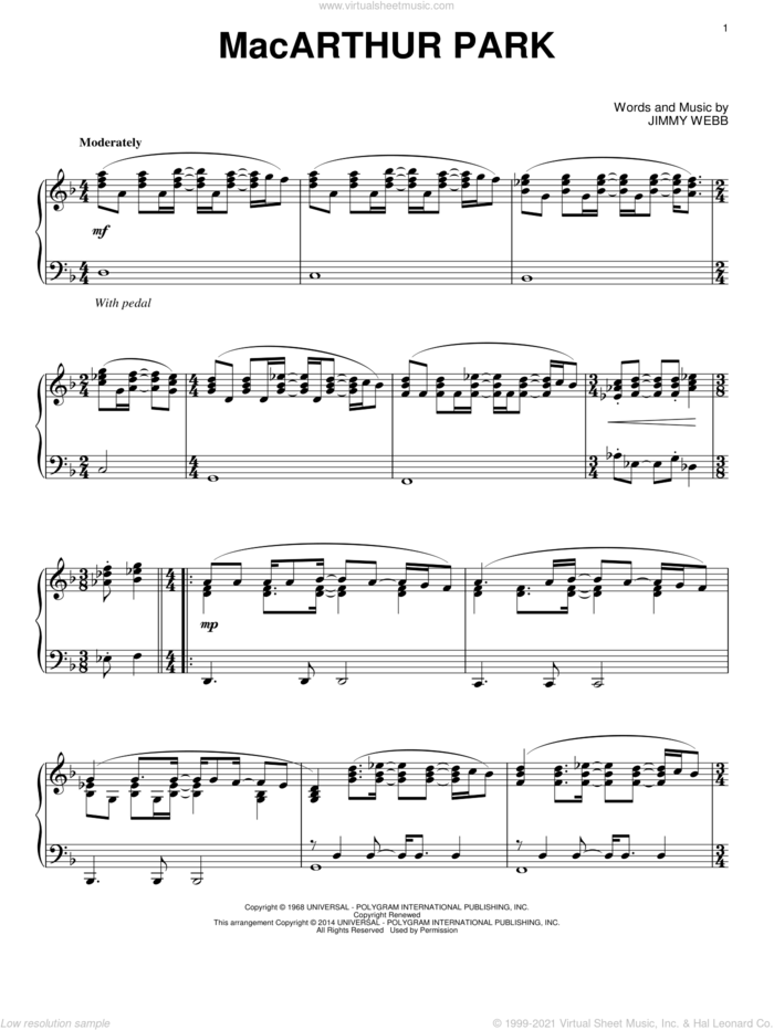 MacArthur Park sheet music for piano solo by Donna Summer, Richard Harris and Jimmy Webb, intermediate skill level