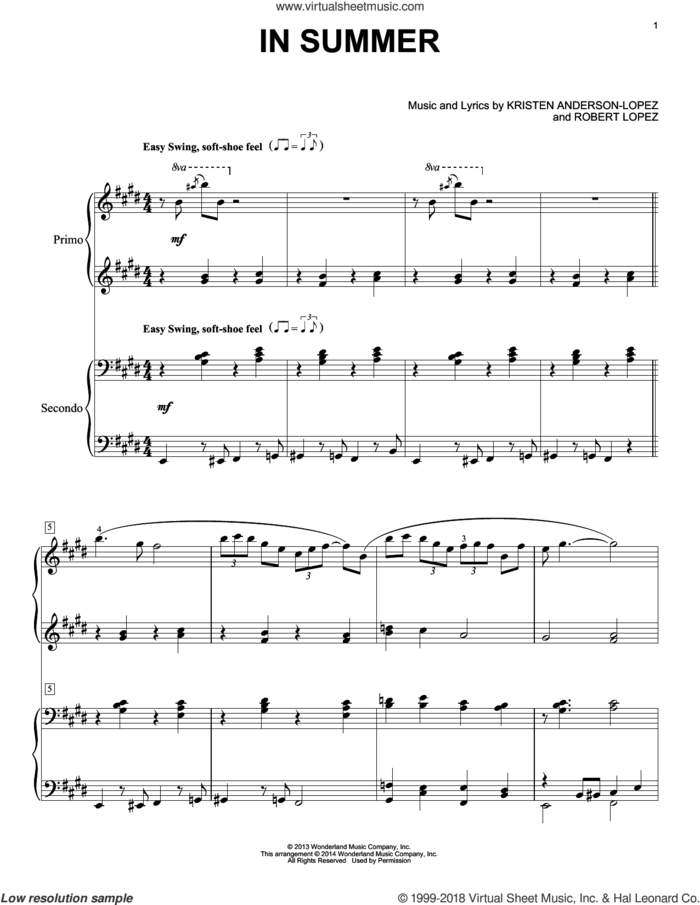 In Summer (from Frozen) sheet music for piano four hands by Josh Gad, Robert Lopez and Kristen Anderson-Lopez, intermediate skill level