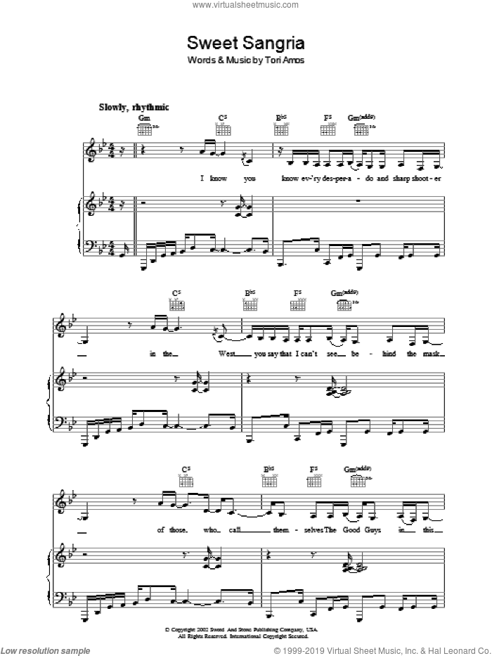Sweet Sangria sheet music for voice, piano or guitar by Tori Amos, intermediate skill level