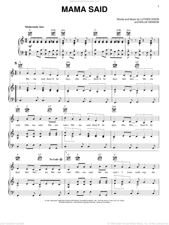 Mama Said sheet music for voice, piano or guitar by The Shirelles, Luther Dixon and Willie Denson, intermediate skill level