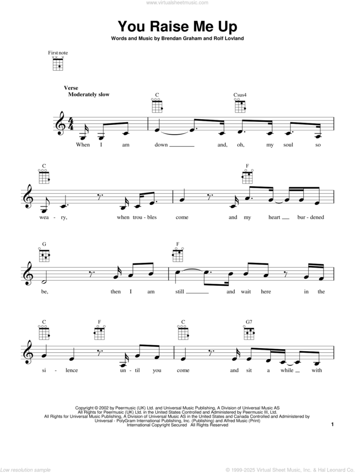 You Raise Me Up (from The Daily Ukulele) sheet music for ukulele by Josh Groban, Secret Garden, Brendan Graham and Rolf Lovland, wedding score, intermediate skill level