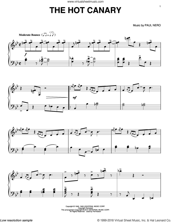 The Hot Canary sheet music for piano solo by Paul Weston and His Orchestra w/P. Nero and Paul Nero, intermediate skill level