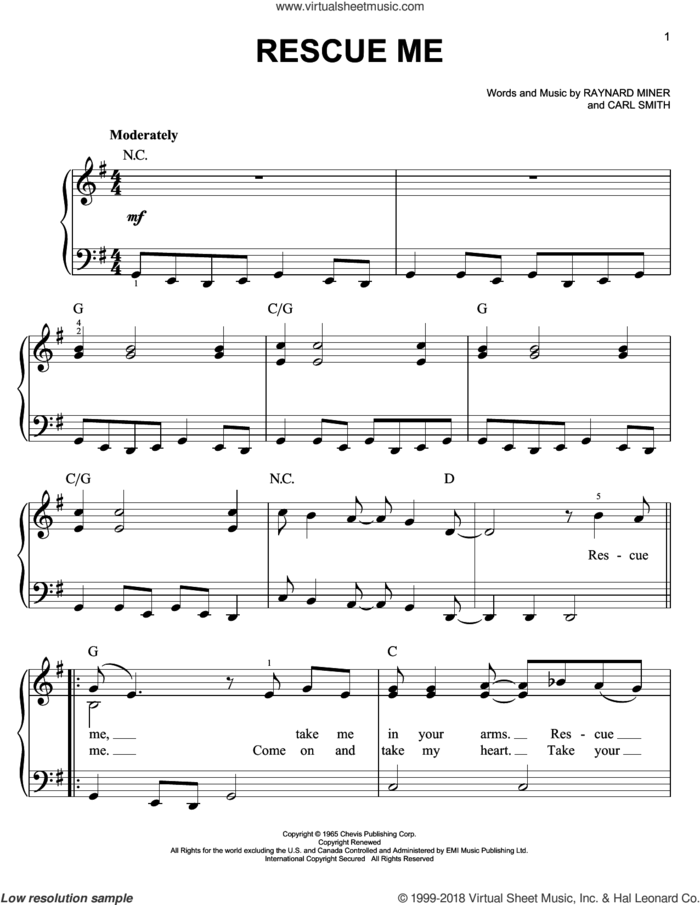 Rescue Me, (easy) sheet music for piano solo by Fontella Bass, Carl Smith and Raynard Miner, easy skill level