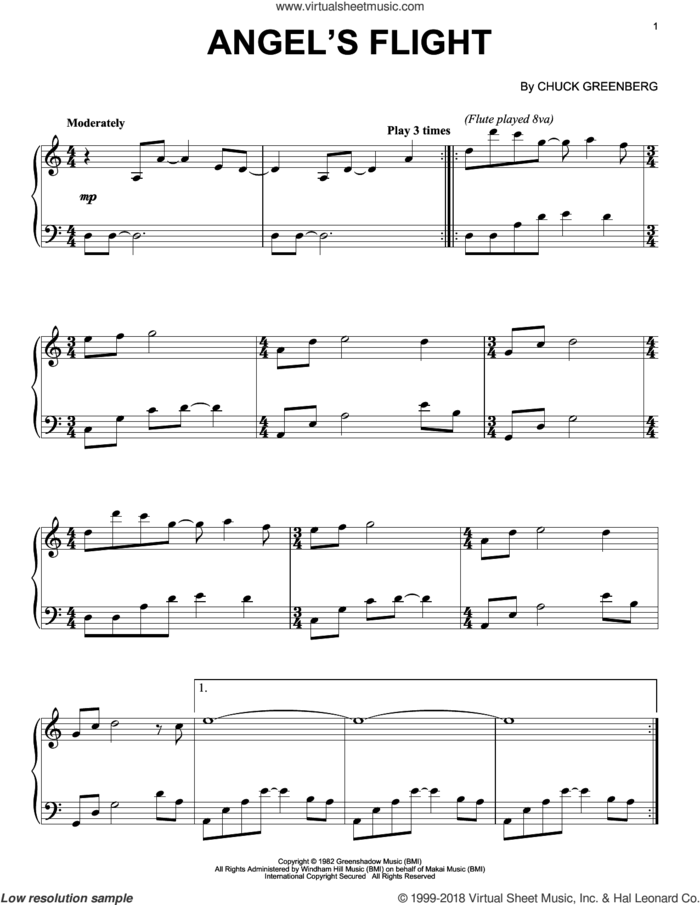 Angel's Flight sheet music for piano solo by Shadowfax and Chuck Greenberg, intermediate skill level