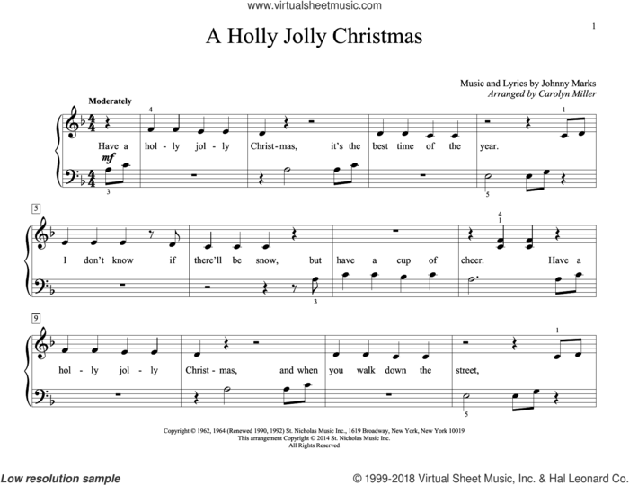 A Holly Jolly Christmas sheet music for piano solo (elementary) by Johnny Marks and Carolyn Miller, beginner piano (elementary)