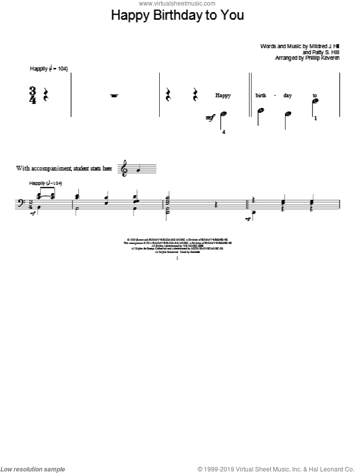 Happy Birthday To You (arr. Phillip Keveren) sheet music for piano solo (elementary) by Patty Smith Hill, Phillip Keveren and Mildred J. Hill, beginner piano (elementary)