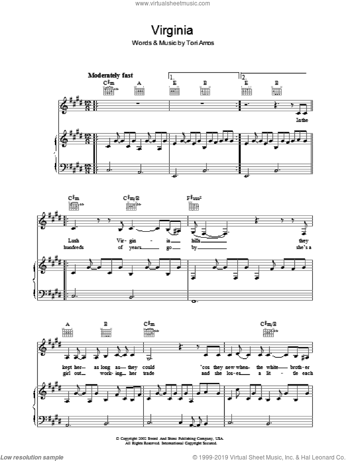 Virginia sheet music for voice, piano or guitar by Tori Amos, intermediate skill level