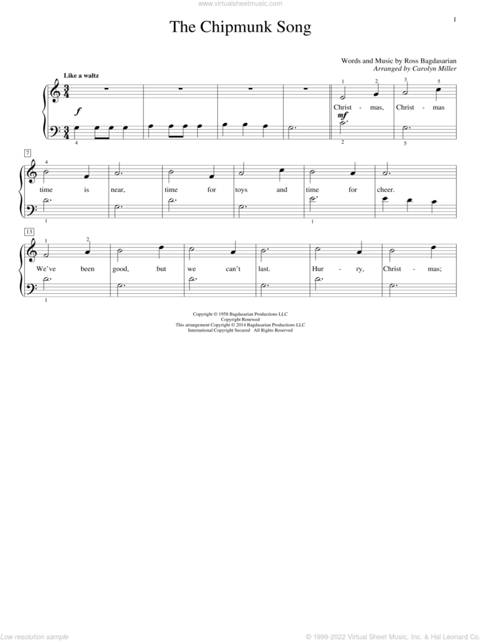 The Chipmunk Song (arr. Carolyn Miller) sheet music for piano solo (elementary) by Ross Bagdasarian, Carolyn Miller, Alvin And The Chipmunks and The Chipmunks, beginner piano (elementary)